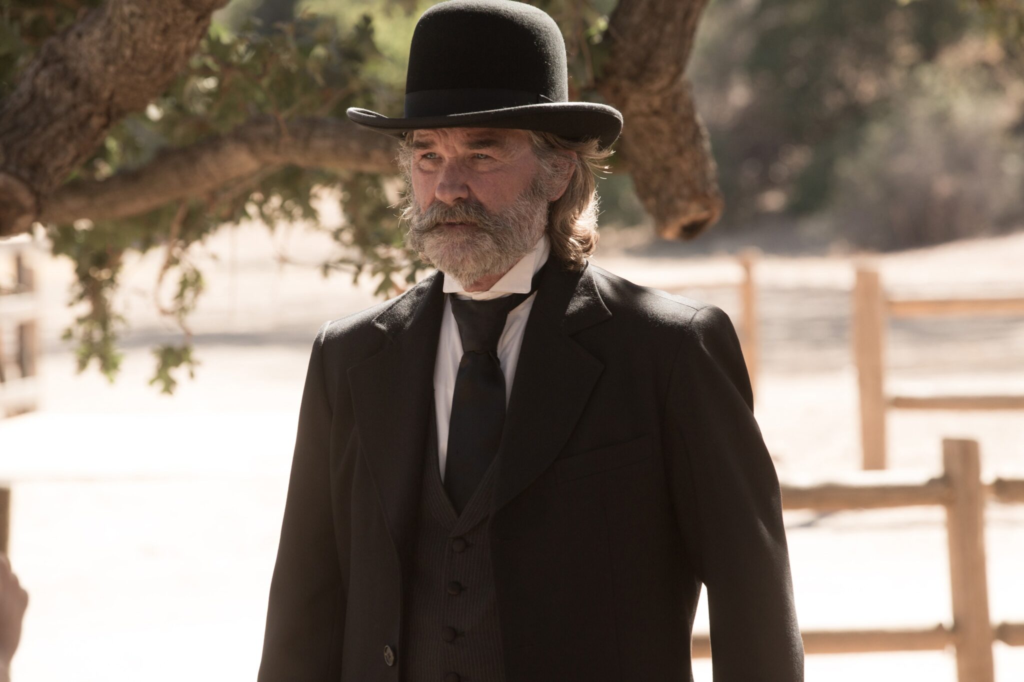 This photo provided by Twilight Riders, LLC shows, Kurt Russell as Sheriff Franklin Hunt in the western film Bone Tomahawk an RLJ Entertainment release. The movie opens in U.S. theaters Friday, Oct. 23, 2015. (Scott Everett White/Twilight Riders, LLC via AP)